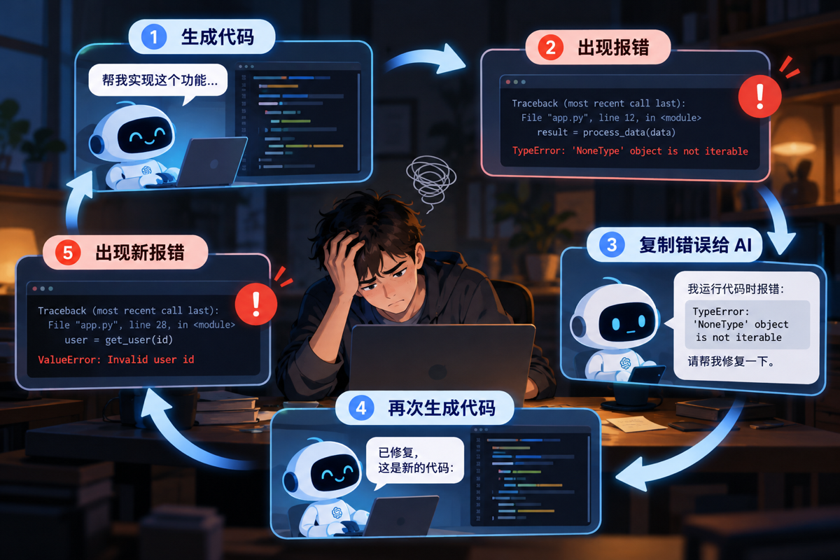 生成代码、出现报错、复制给 AI、再次生成代码的无尽调试循环